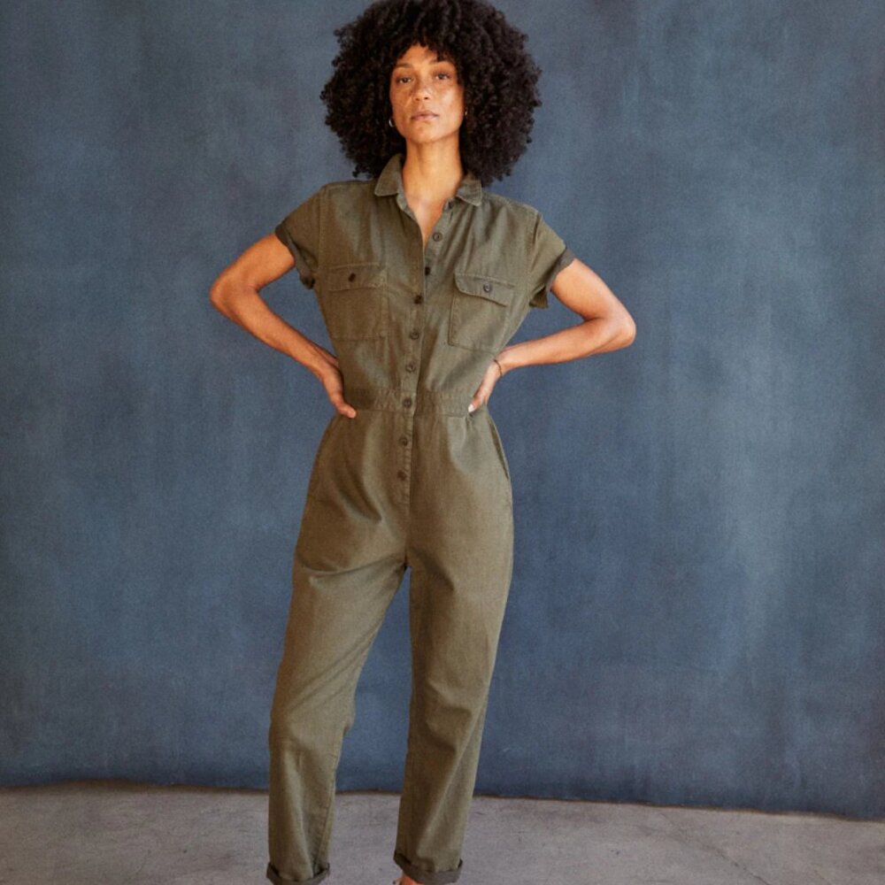 Outerknown SEA Jumpsuit, size M, Olive Branch Green